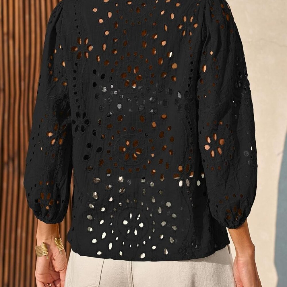 Womens Deep V Neck Eyelet Blouses Tops Dressy Casual 3/4 Balloon Sleeve Cotton B - Picture 2 of 8